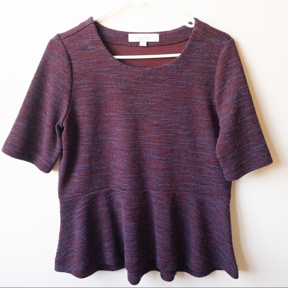 LOFT Tops - LOFT Burgundy Wine Navy Knit Peplum Top Size M